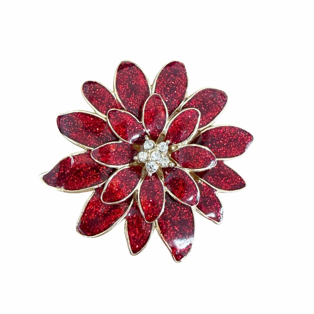 Vintage Red Enamel Pointsetta Holiday Flower Brooch